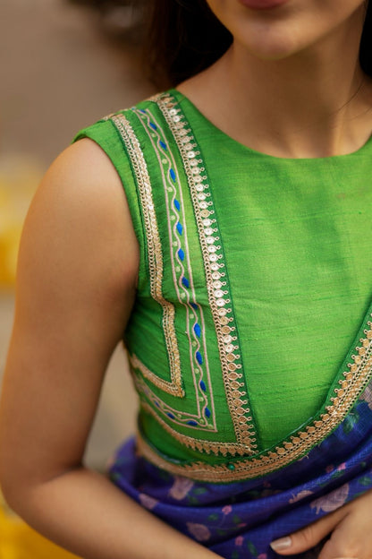 Blue kota saree with green hand work blouse