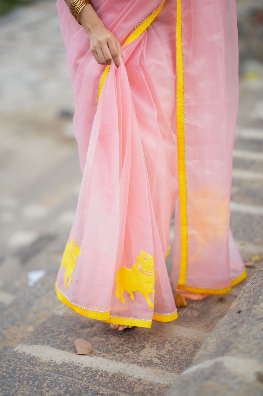 Peach organza saree with yellow hand work blouse