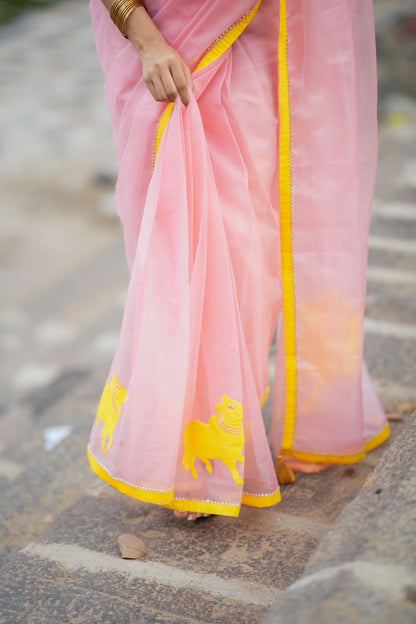 Peach organza saree with yellow hand work blouse