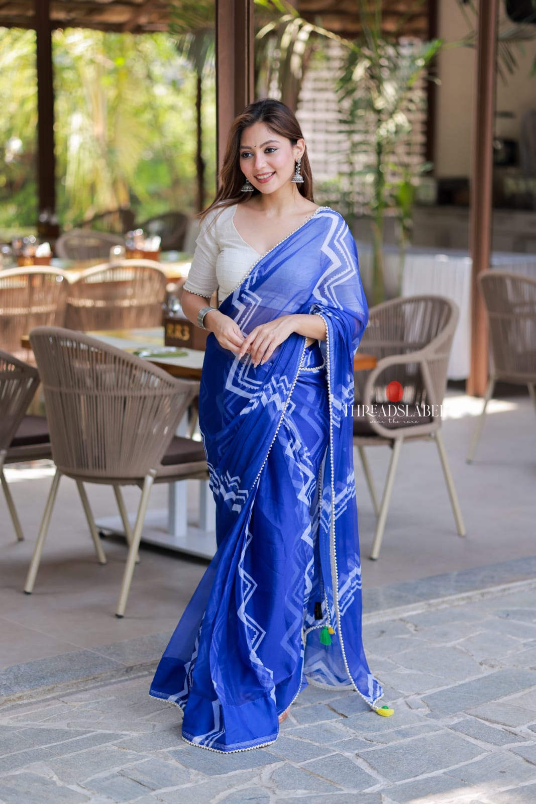 Blue chiffon saree with white embroidery blouse