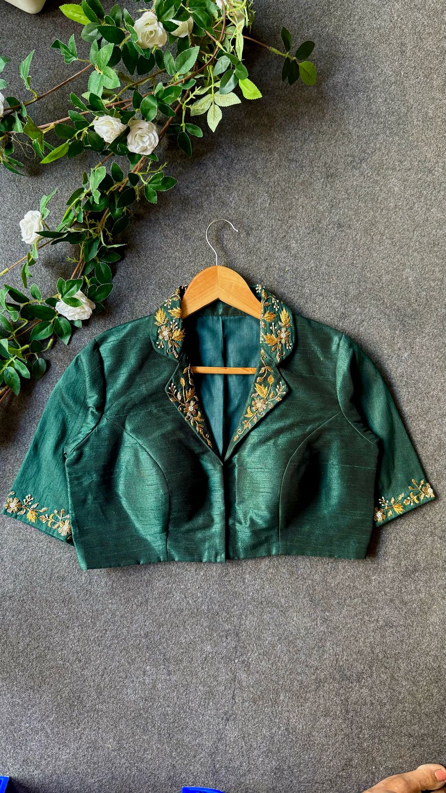 Green silk collar hand worked blouse