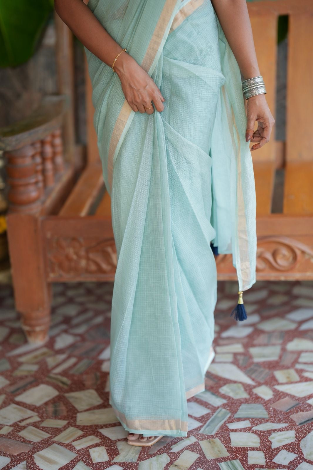 Aqua blue kota doria saree with hand work blouse