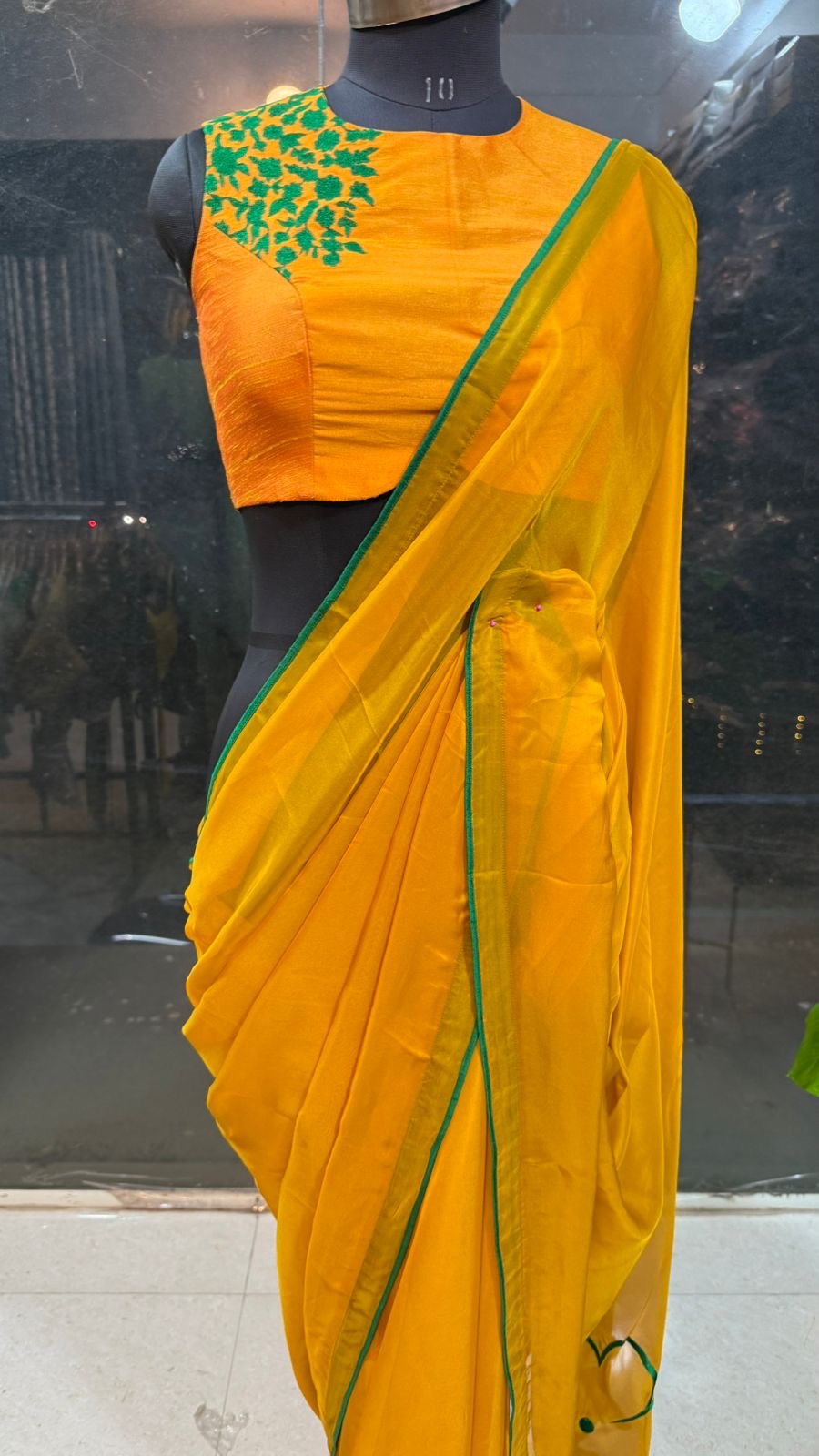 Mustard yellow soft organza saree with embroidery blouse