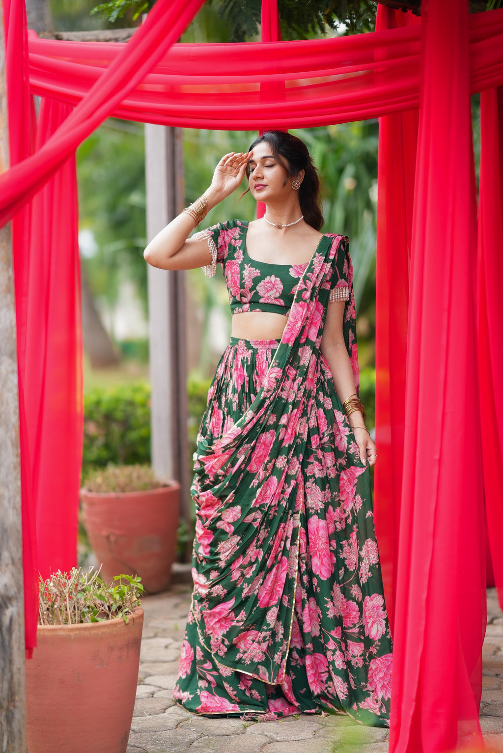 Green floral georgette handwork lehenga