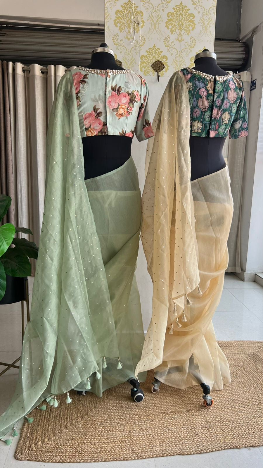 Light green tissue saree with mirror floral blouse