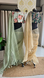 Light green tissue saree with mirror floral blouse