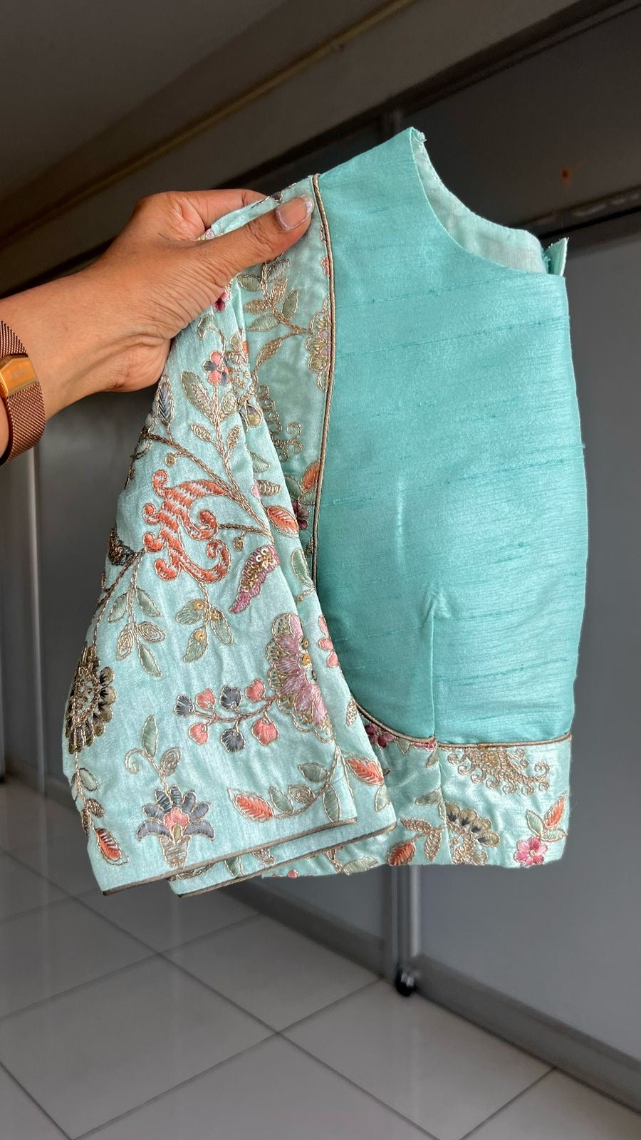 Cyan blue embroidery work blouse