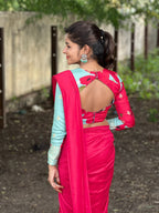 Pink marble silk saree with  embroidery blouse