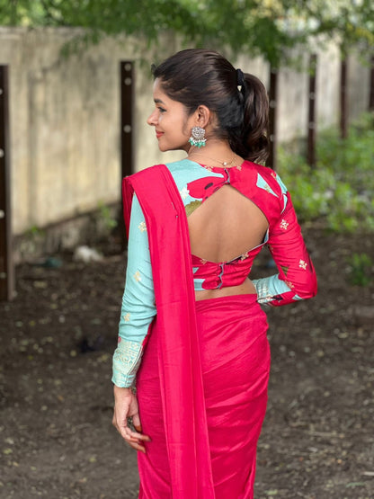 Pink marble silk saree with  embroidery blouseq