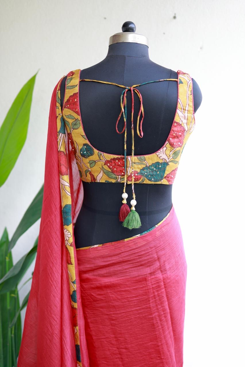 Red chanderi cotton saree with kalamkari handwork blouse