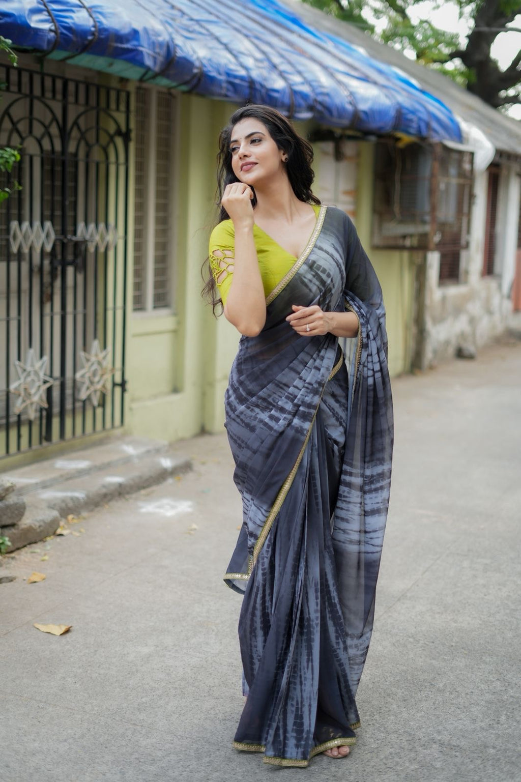 Blue grey georgette saree with silk hand work blouse