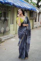 Blue grey georgette saree with silk hand work blouse
