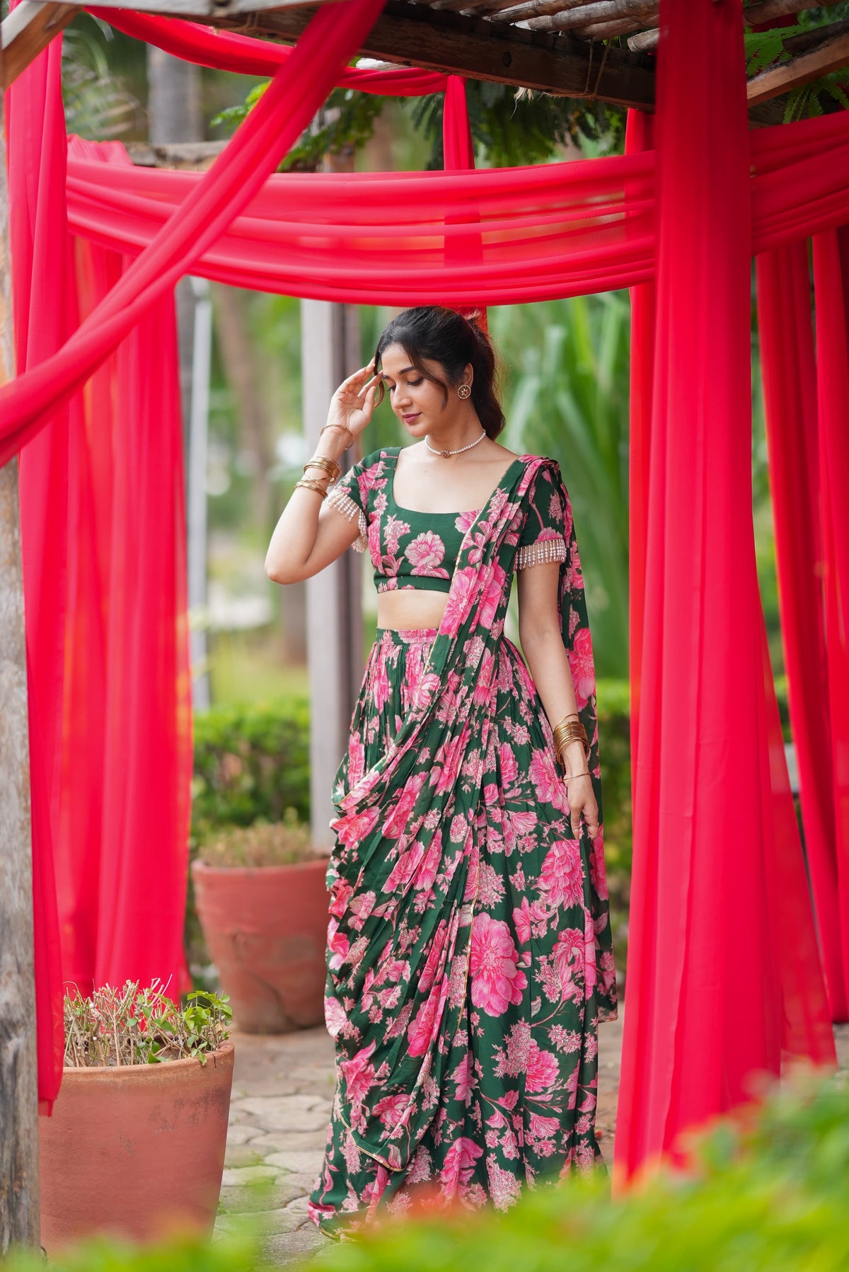 Green floral georgette handwork lehenga