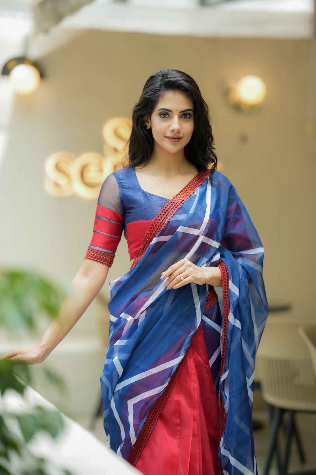 Blue maroon organza saree with patterned blouse