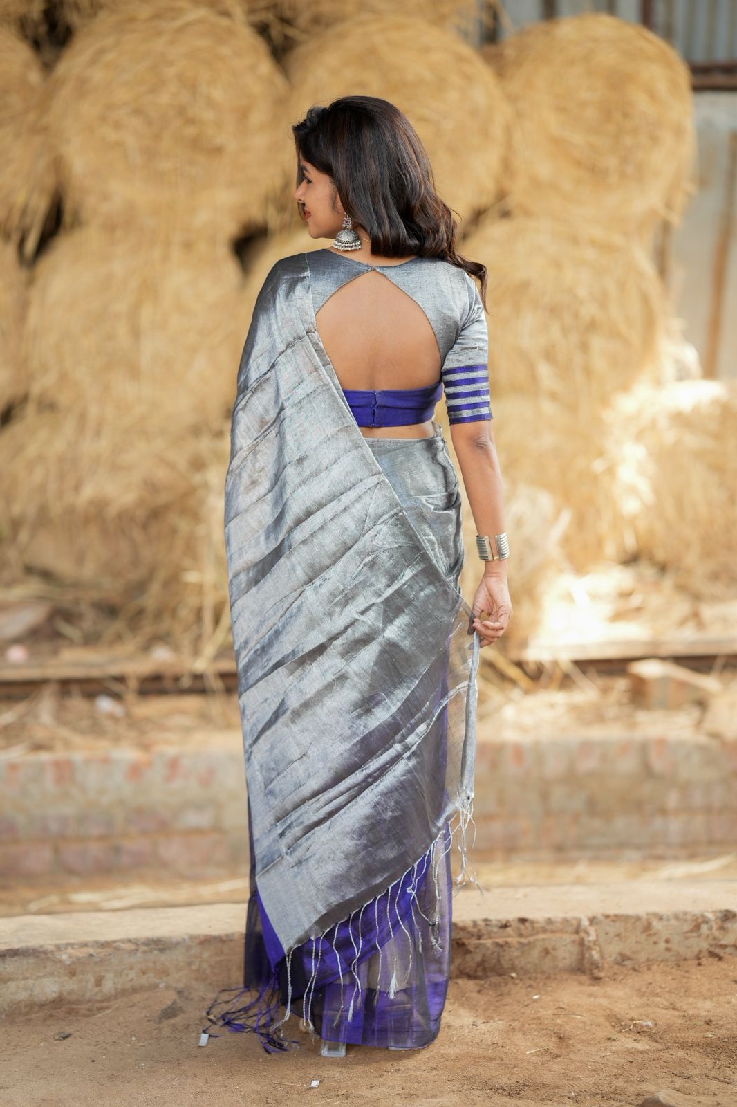 Silver grey blue soft tissue saree with handwork blouse