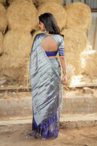 Silver grey blue soft tissue saree with handwork blouse