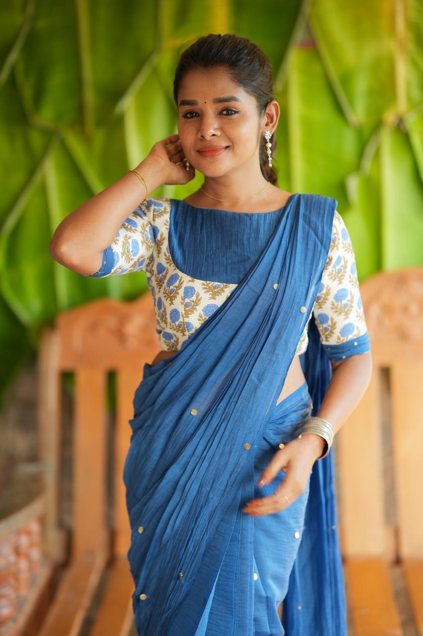 Blue malai chanderi saree with floral print blouse