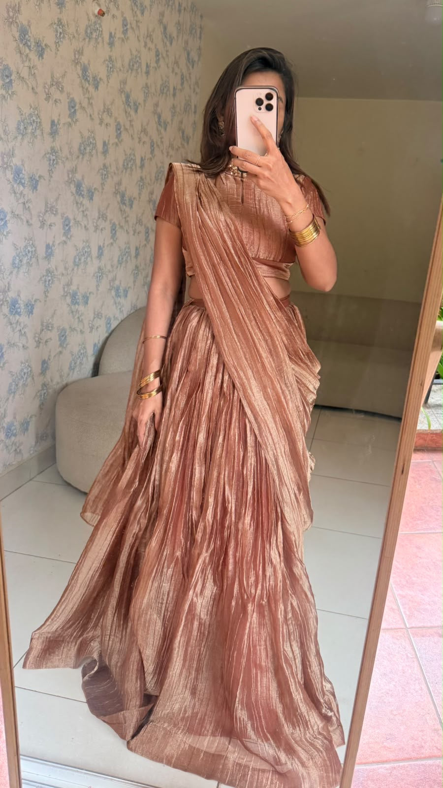 Copper tissue hand work lehenga