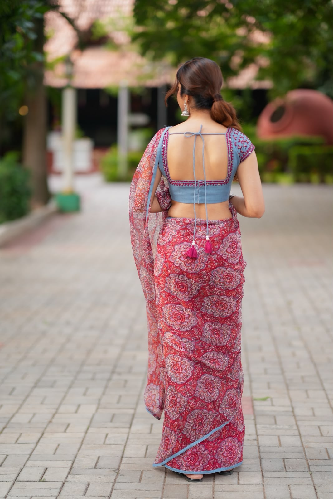 Maroon cotton kota saree with hand work blouse