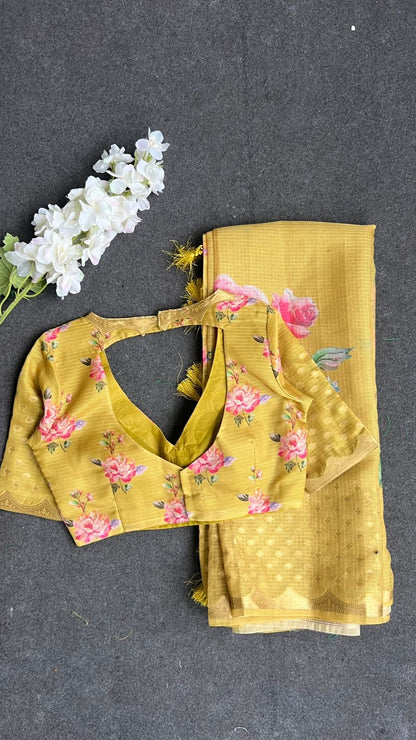 Yellow kota floral saree with blouse