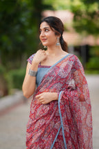 Maroon cotton kota saree with hand work blouse
