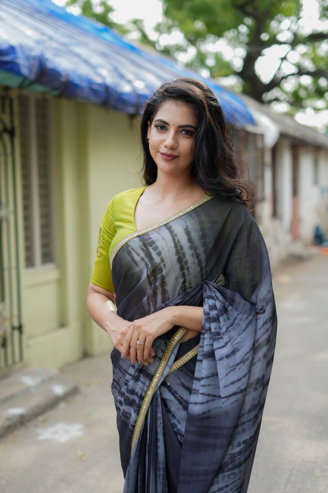 Blue grey georgette saree with silk hand work blouse