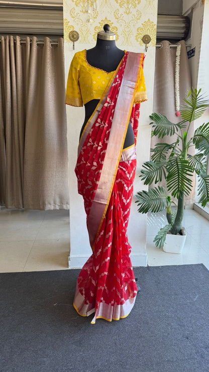 Red soft kota silk saree with yellow embroidered blouse