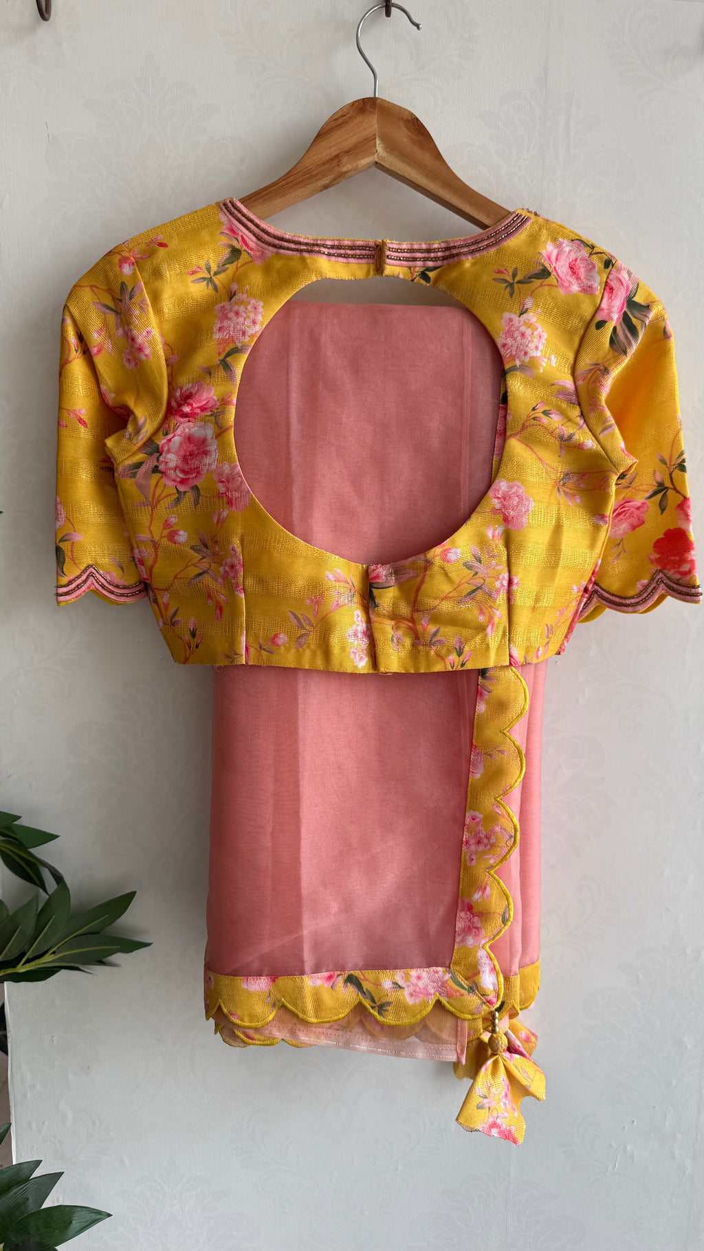 Peach organza saree with yellow floral hand work blouse