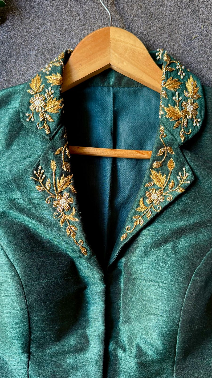 Green silk collar hand worked blouse