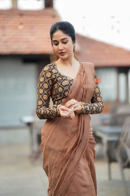 Brown malai chanderi saree with Ajrak print blouse
