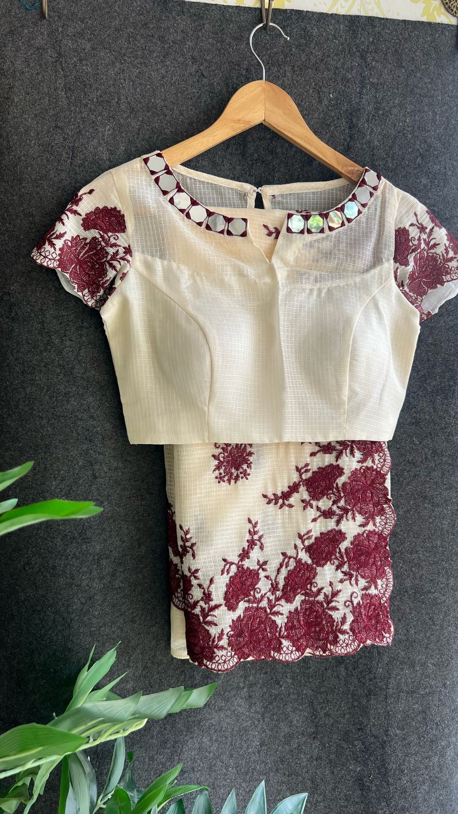 Cream kota cotton saree with mirror work blouse