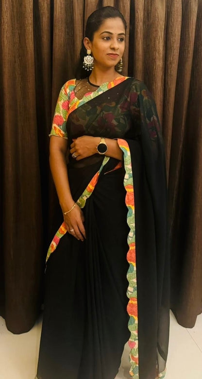 Black georgette saree with floral cotton blouse