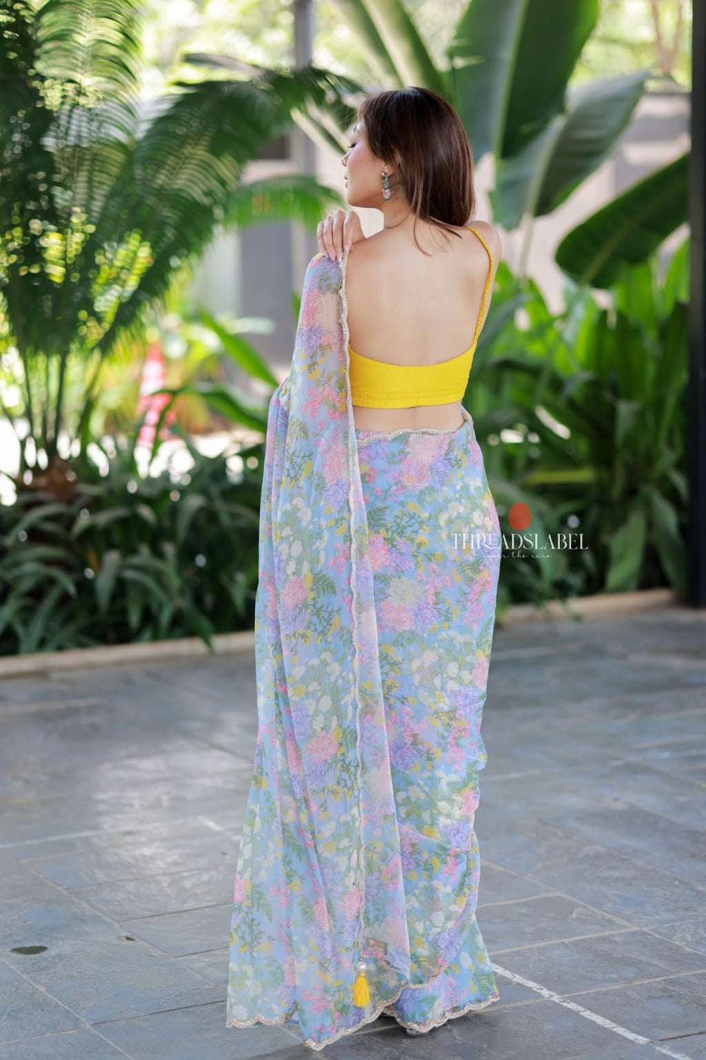 Light Blue chiffon saree with hand work blouse
