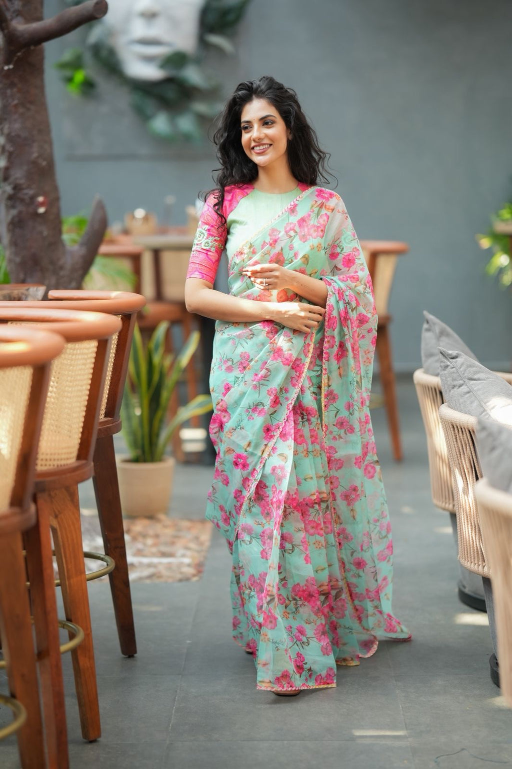 Pista floral organza saree with hand work blouse
