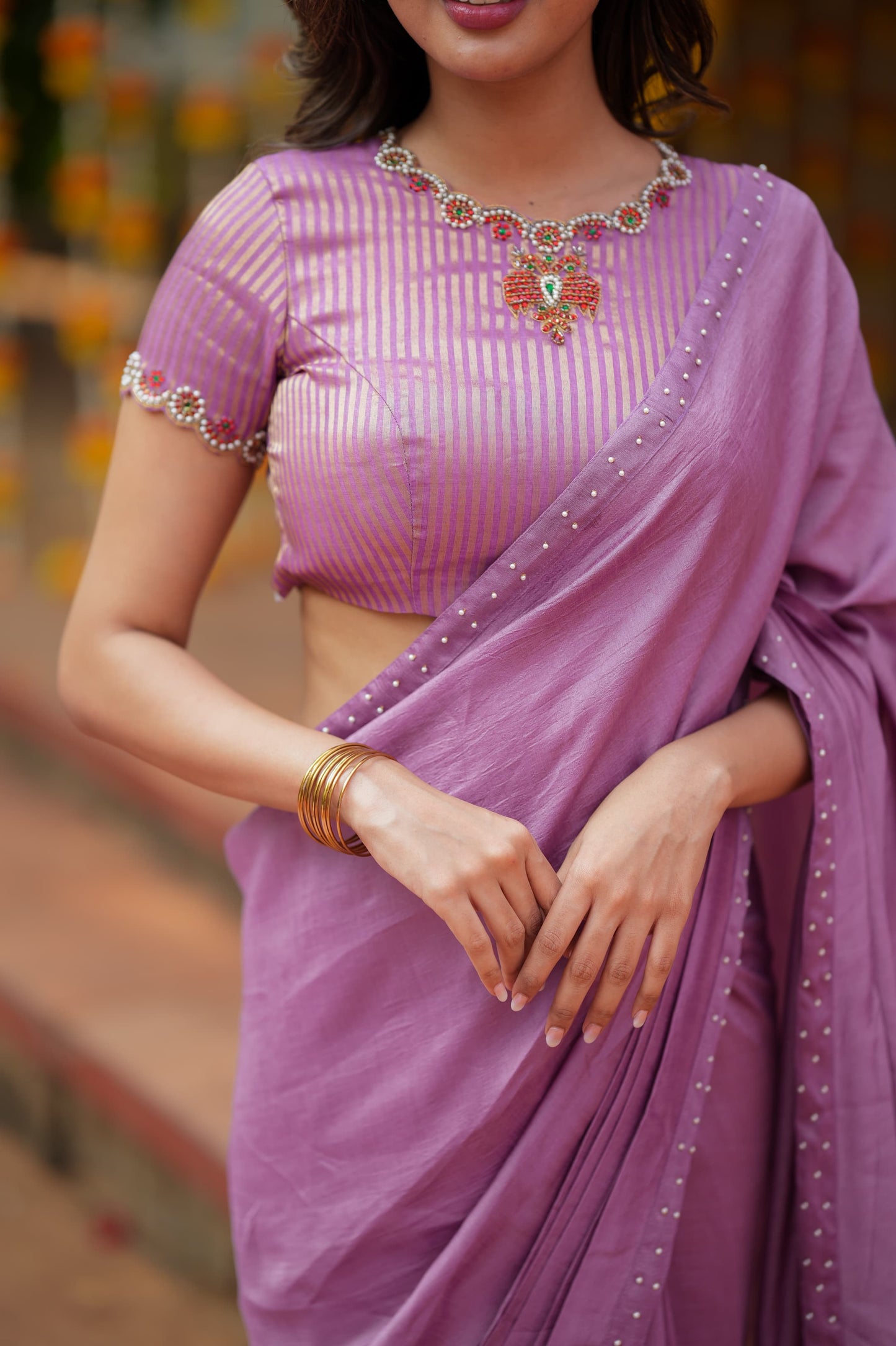 Lavender marble saree with Jewel neck handwork blouse