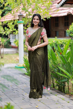 Bottle green Marble Saree with Handwork Blouse
