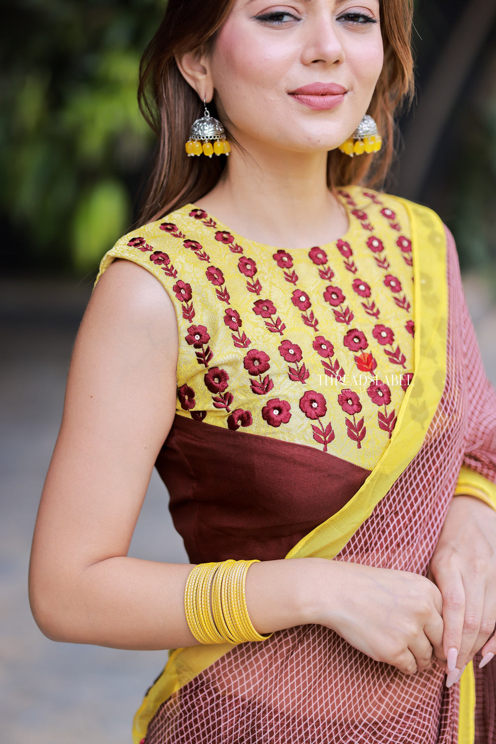 Brown jute saree with banarasi hand work blouse