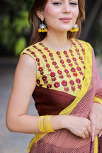 Brown jute saree with banarasi hand work blouse