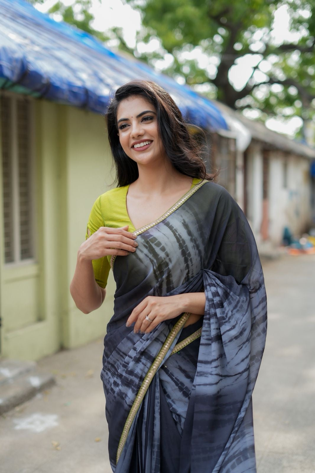Blue grey georgette saree with silk hand work blouse