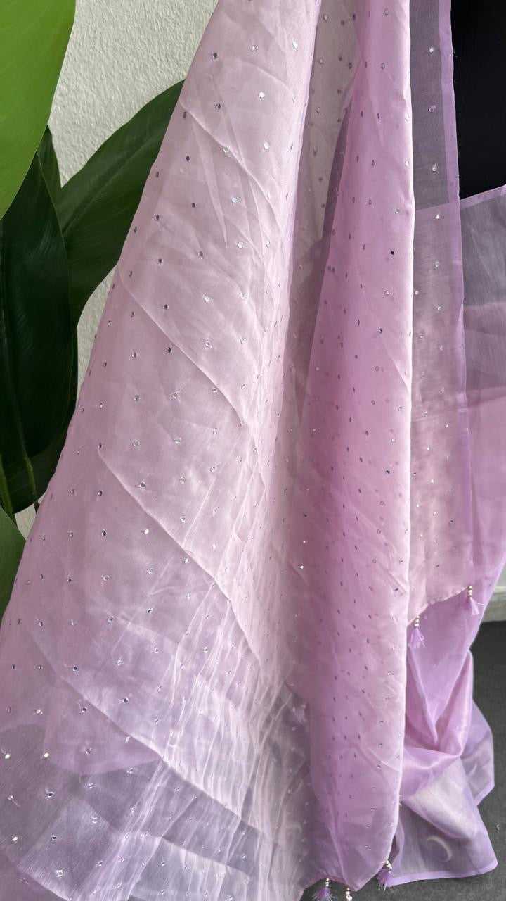 Lavender tissue saree with mirror floral blouse
