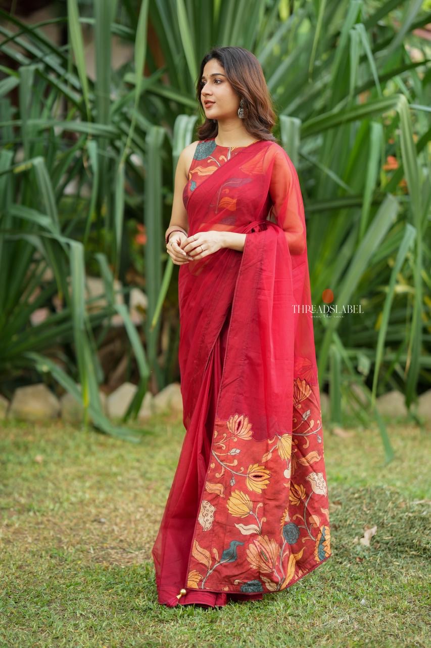 Maroon soft organza saree with kalamkari blouse