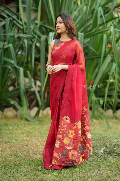 Maroon soft organza saree with kalamkari blouse