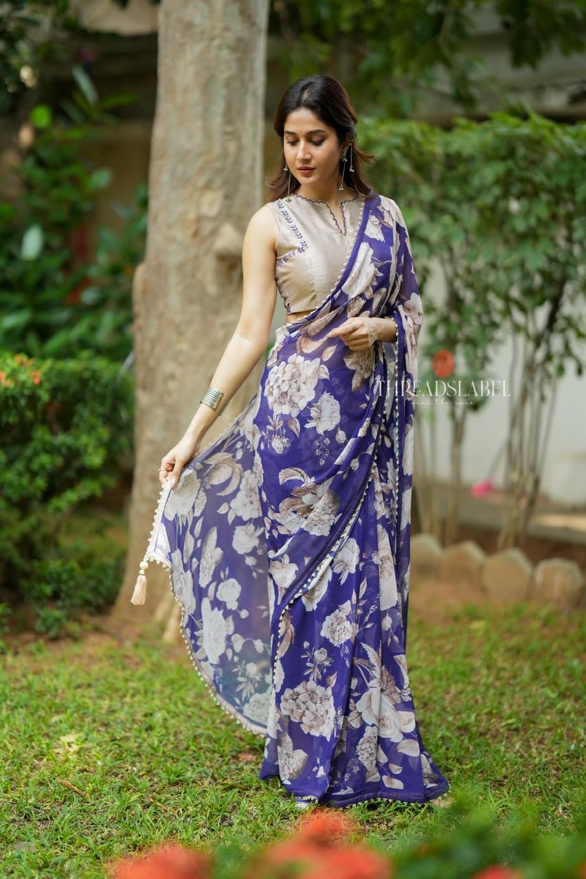 Purple chiffon floral saree with hand work blouse