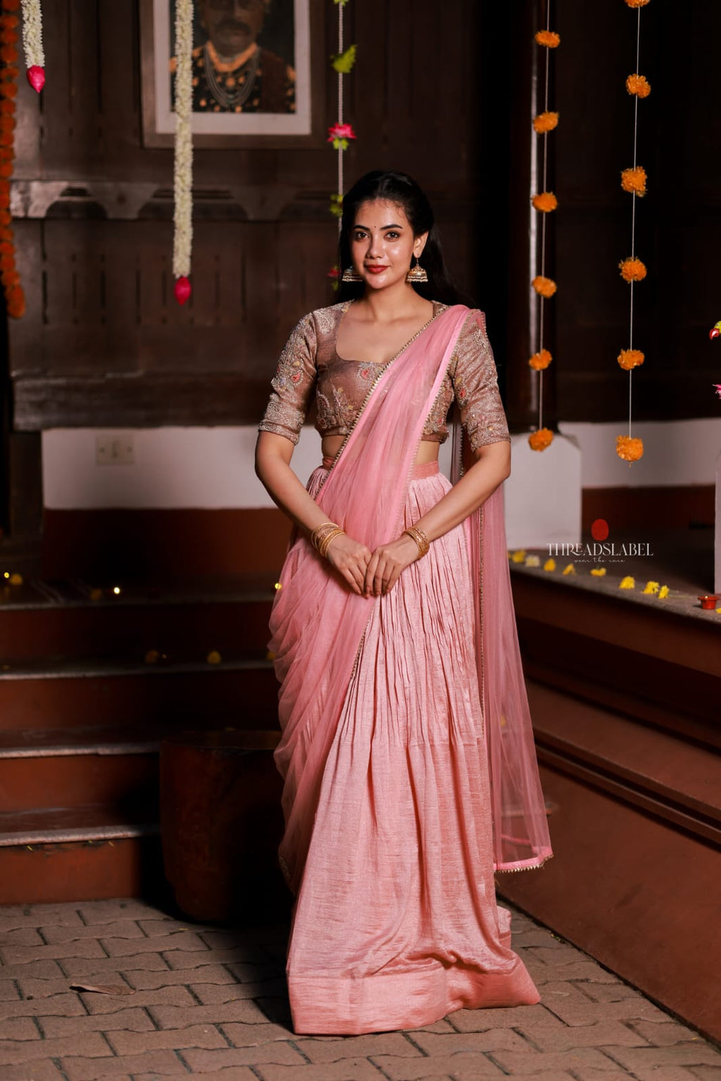 Pink marble silk lehenga with handwork blouse