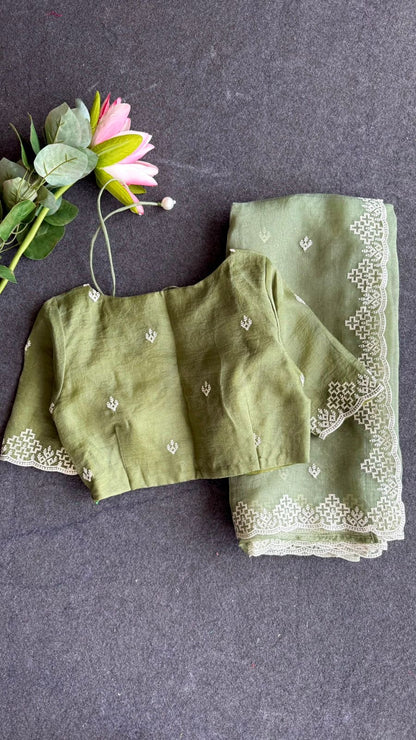 Light green tissue saree with tissue embroidery blouse