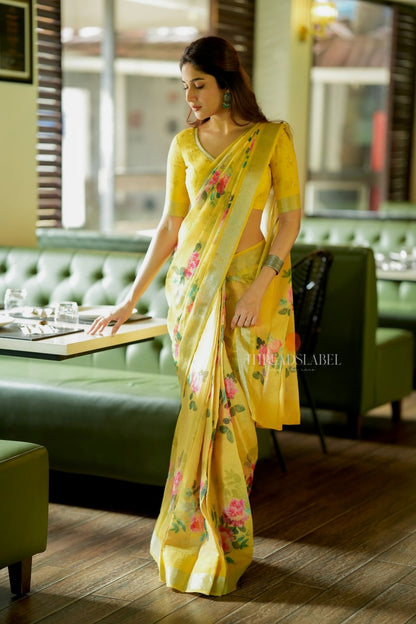 Yellow linen cotton saree with hand work blouse