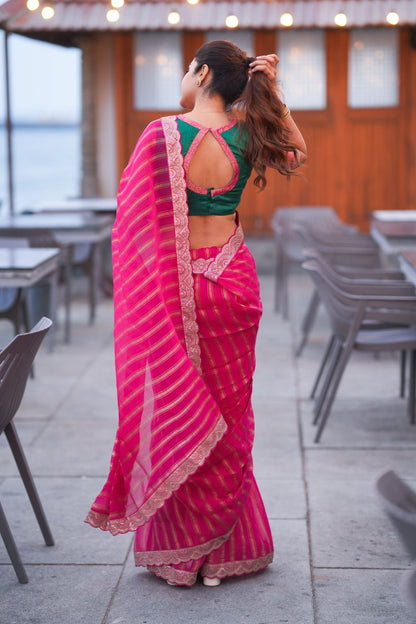 Pink organza silk saree with banarasi blouse