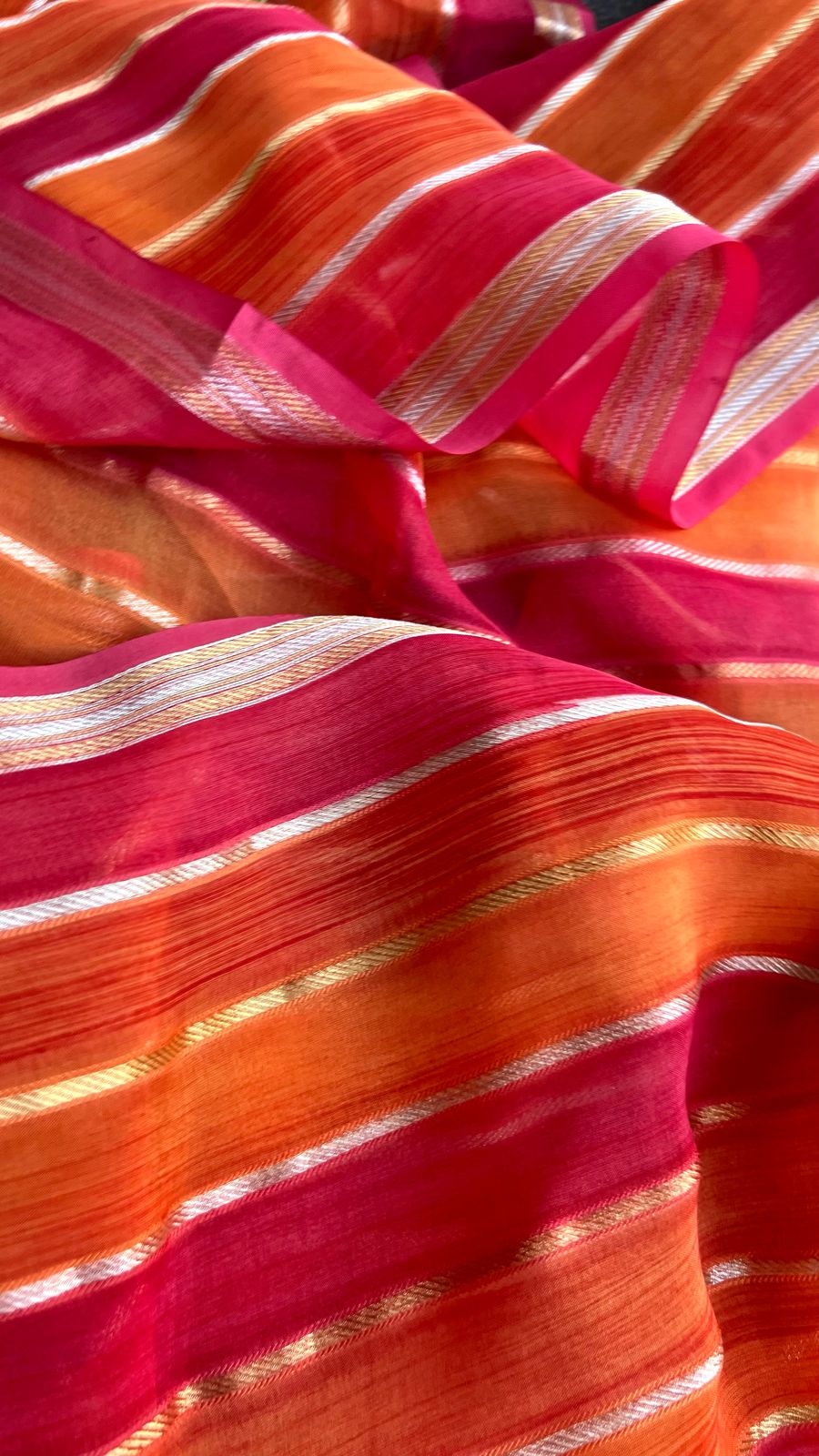 Pink & orange stripped soft organza saree with banarasi hand work blouse