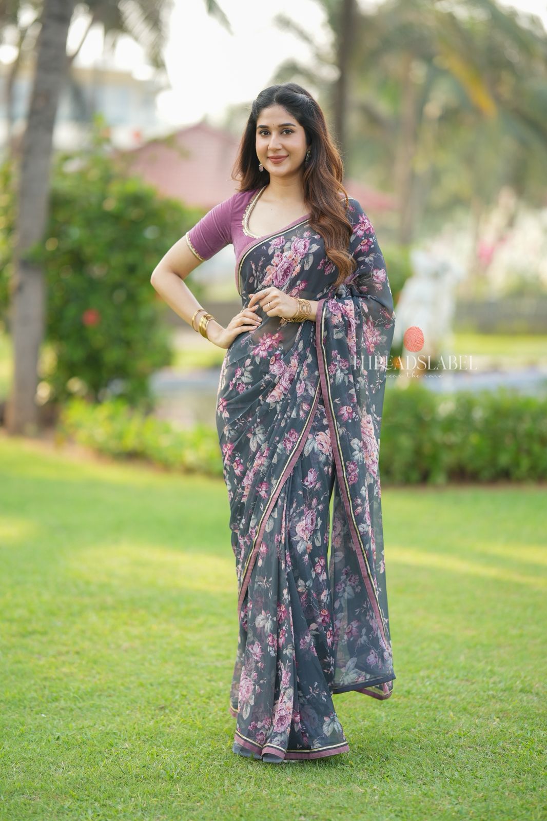 Grey georgette floral print saree (only saree)