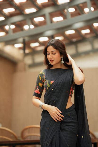 Black chanderi cotton floral print blouse (only blouse)